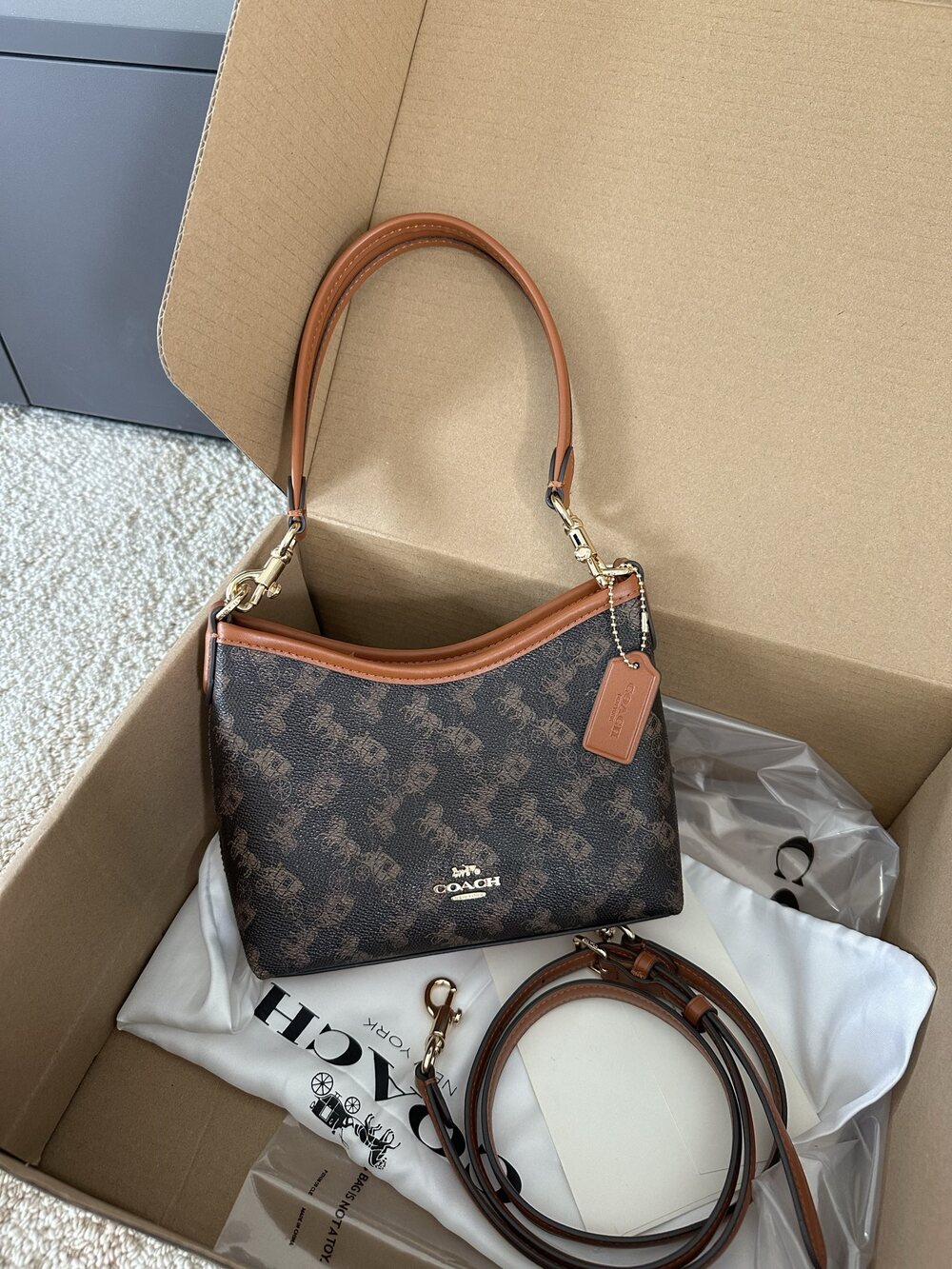 Coach Dark Brown Horse Carriage Print Mini Hobo Underarm Crossbody Bag